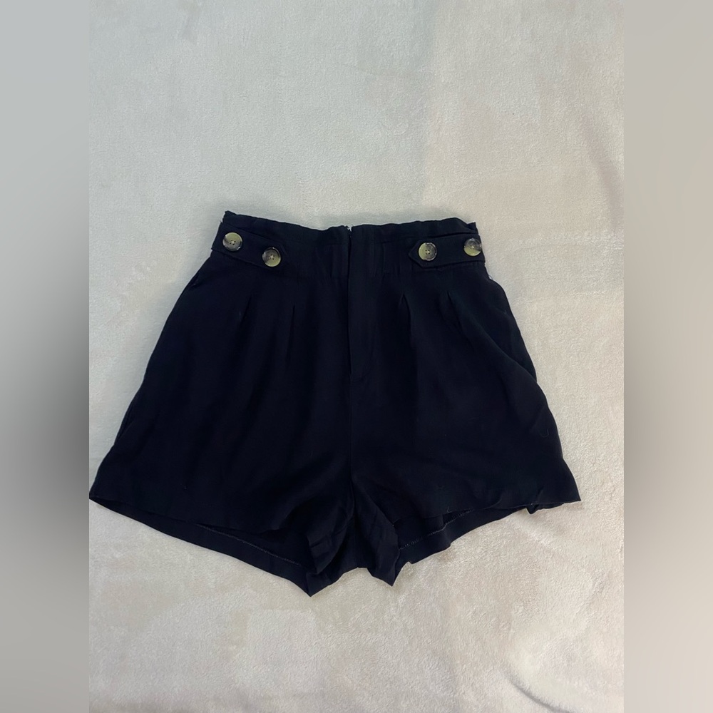 Ana High Waisted Black Pleated Shorts Women's Sailor Style Double Button Tab 4